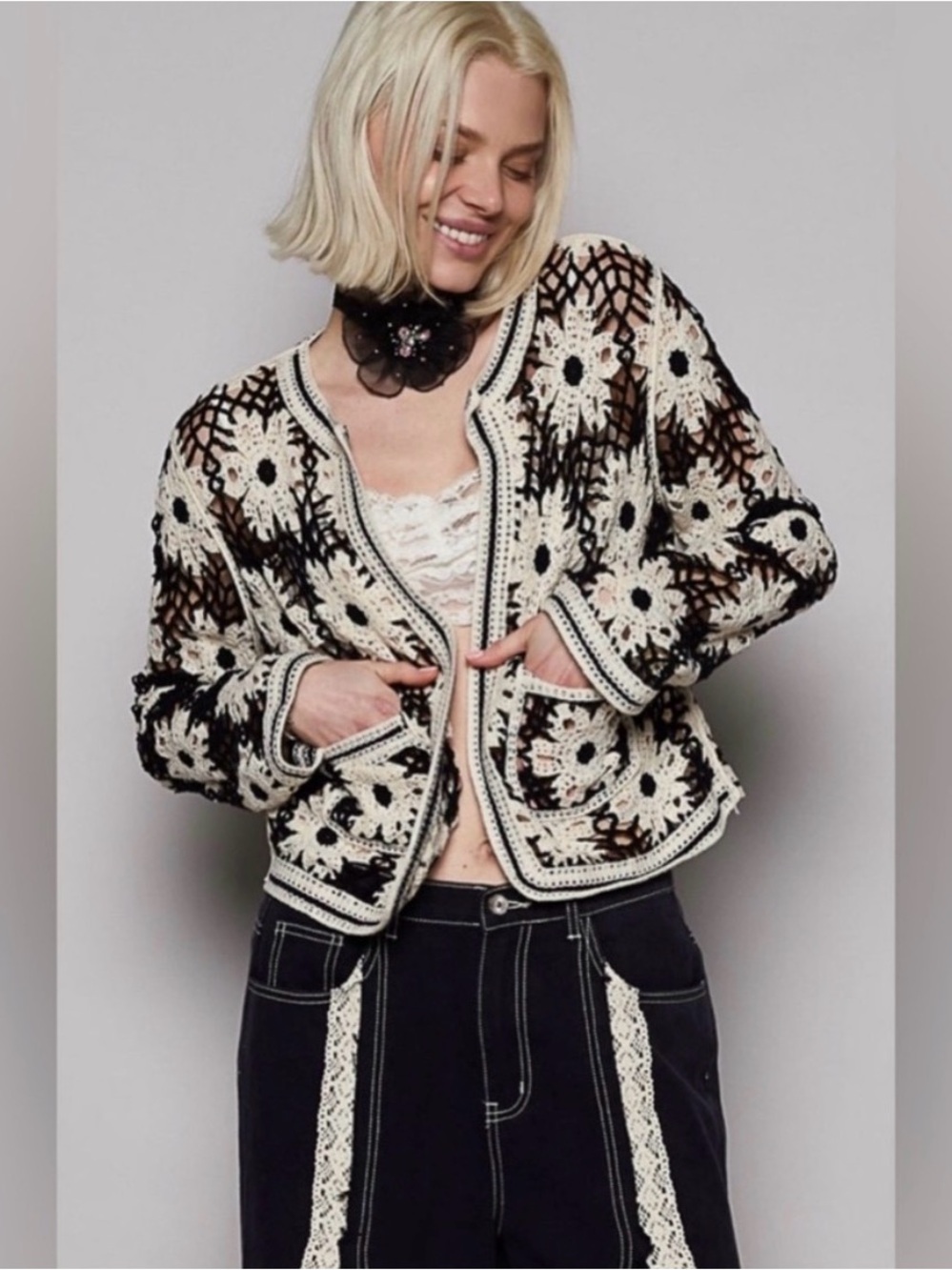 POL Cream and Black Crochet Floral Cardigan
